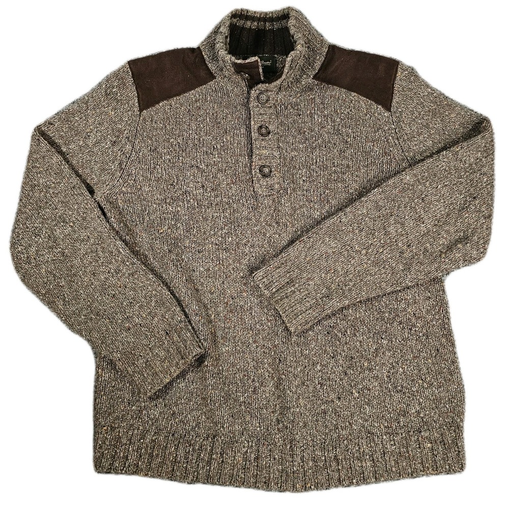 VTG Eddie Bauer Green Tweed 1/4 Button Mock Neck Sweater Pullover Mens M EUC!